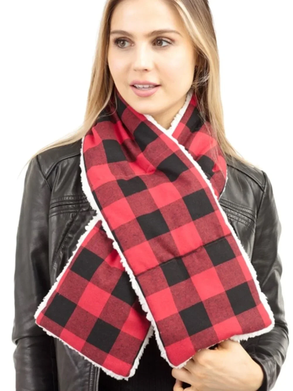 SHERPA QUILTED BUFFALO PLAID SCARF-RED